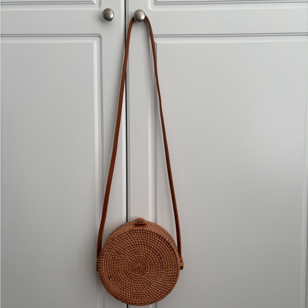 Round Woven Tan Crossbody Bag